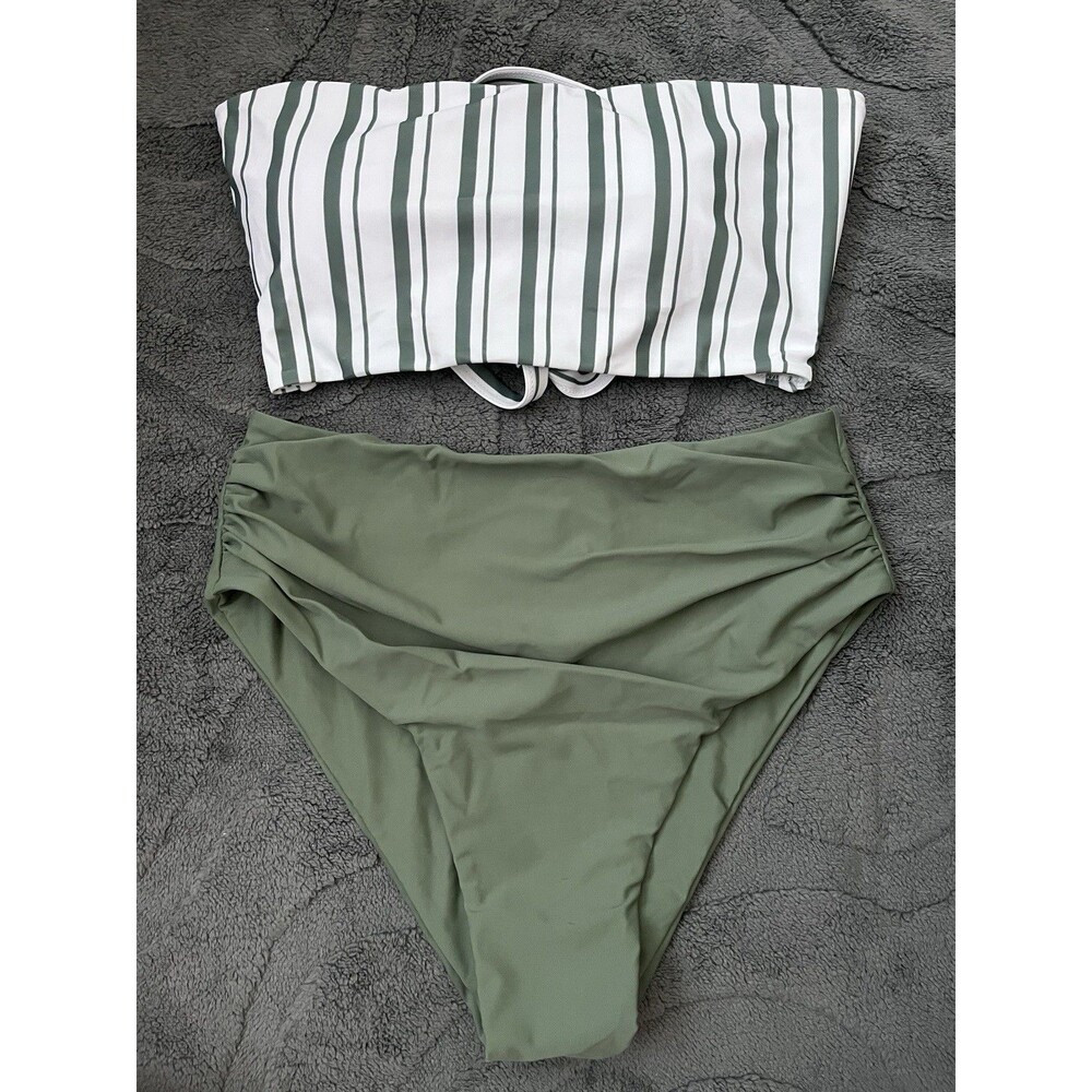 New Women’s High Waisted Swimsuit Army Green And White Size Large (See Desc.)